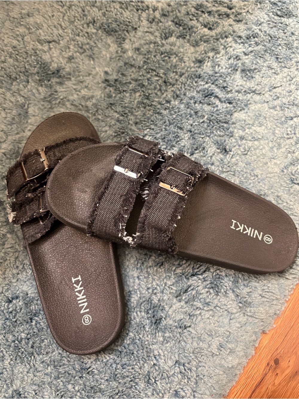 Double-Buckle Slide Sandals - Frayed, Black, Size 8